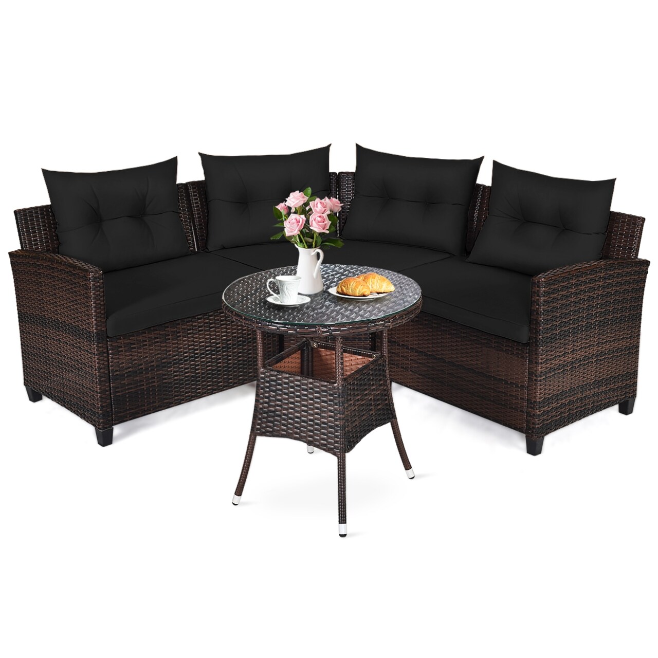 5-Piece Black PE Rattan Outdoor Sectional Sofa Set with Cushions & Round Tempered Glass Coffee Table